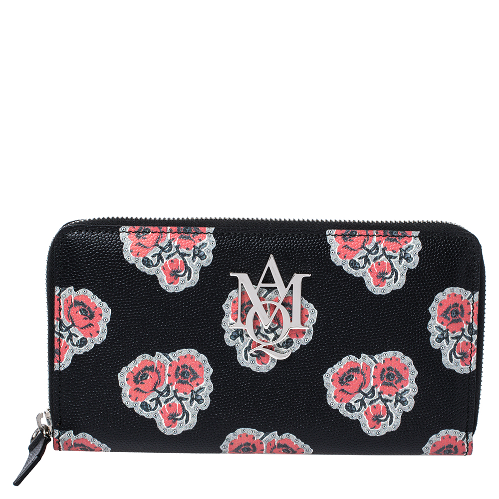 Image of Alexander McQueen Black/Red Floral Print Leather Zip Around Continental Wallet