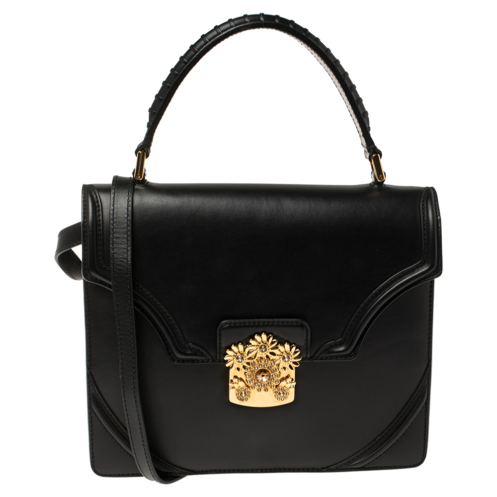 Image of Alexander McQueen Black Leather Crystal Flower Clasp Top Handle Bag