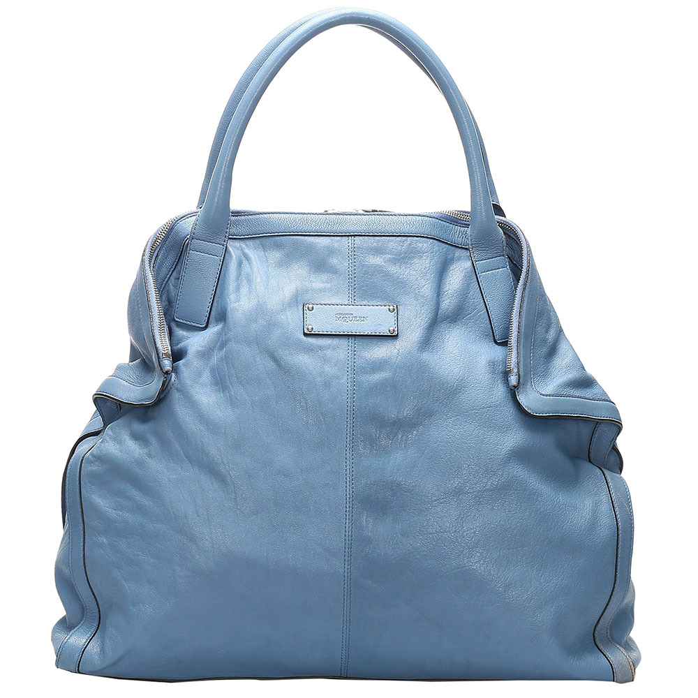 Image of Alexander McQueen Blue Leather De Manta Tote Bag