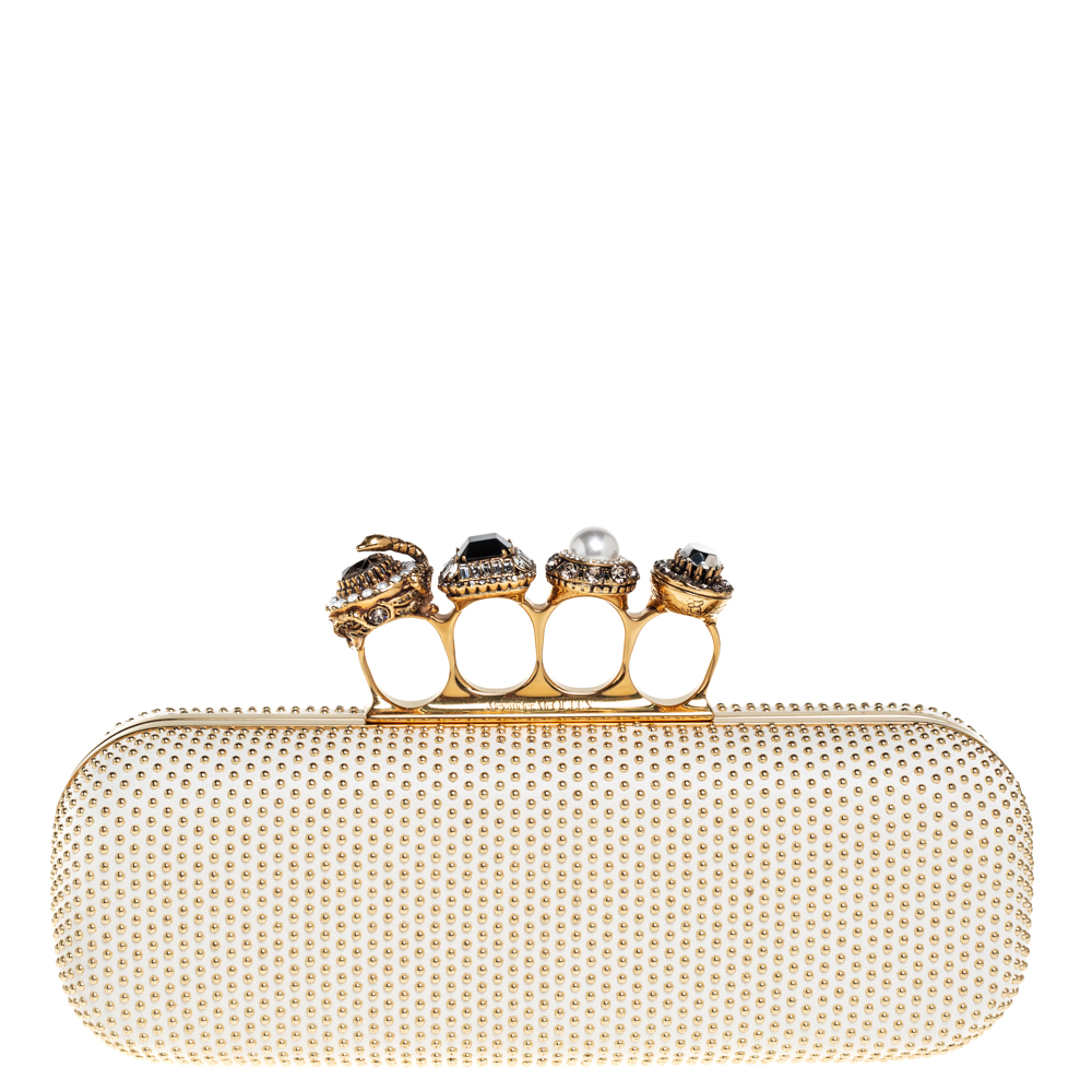 Alexander McQueen White Leather Studded Four Ring Knuckle Clutch