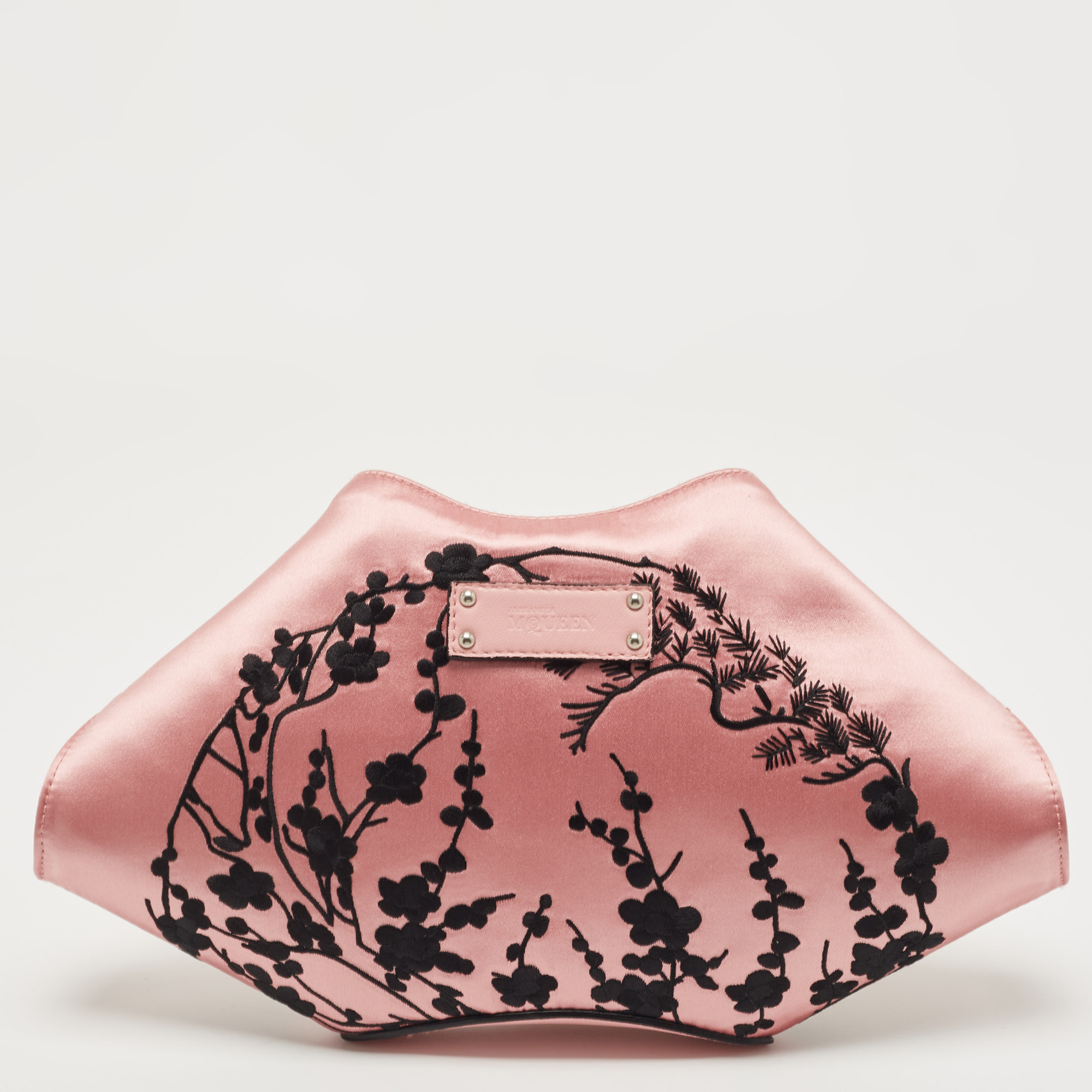 Alexander McQueen Pink/Black Embroidered Satin And Leather De Manta Clutch