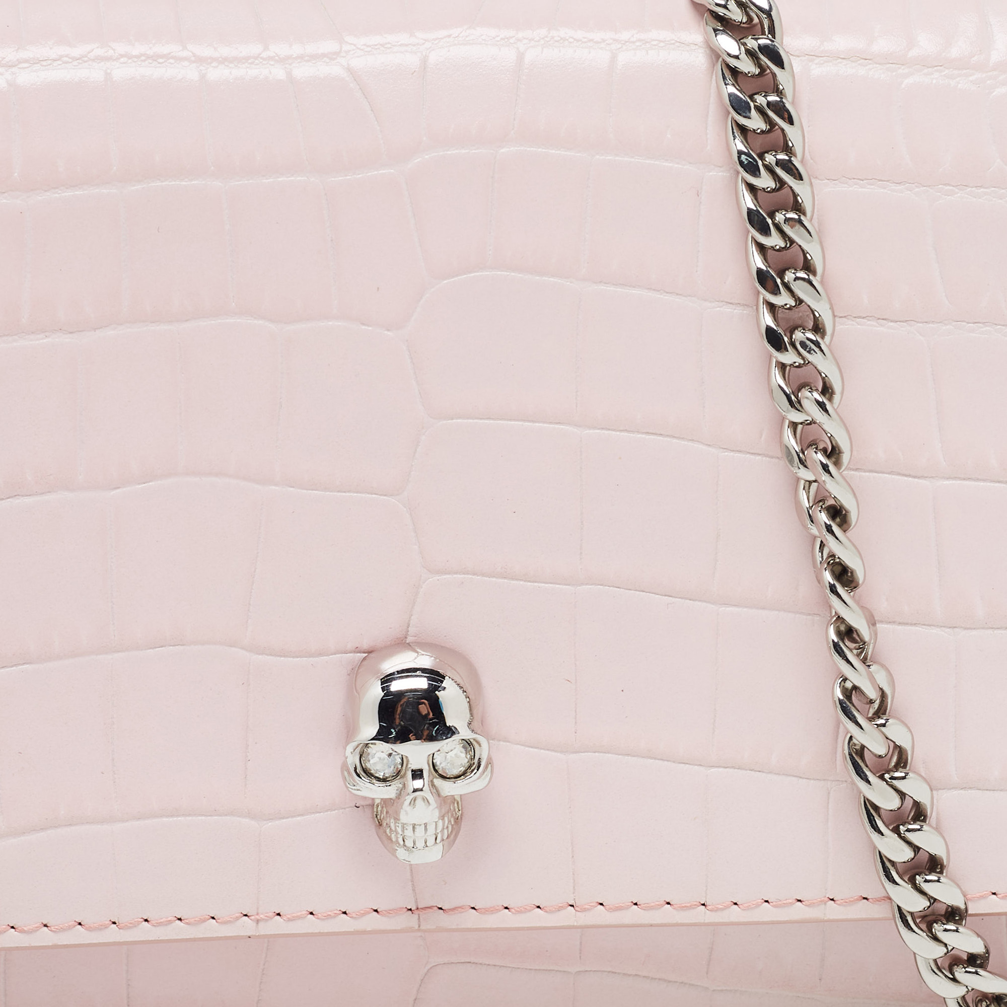 Alexander McQueen Pink Croc Embossed Leather Small Skull Shoulder Bag