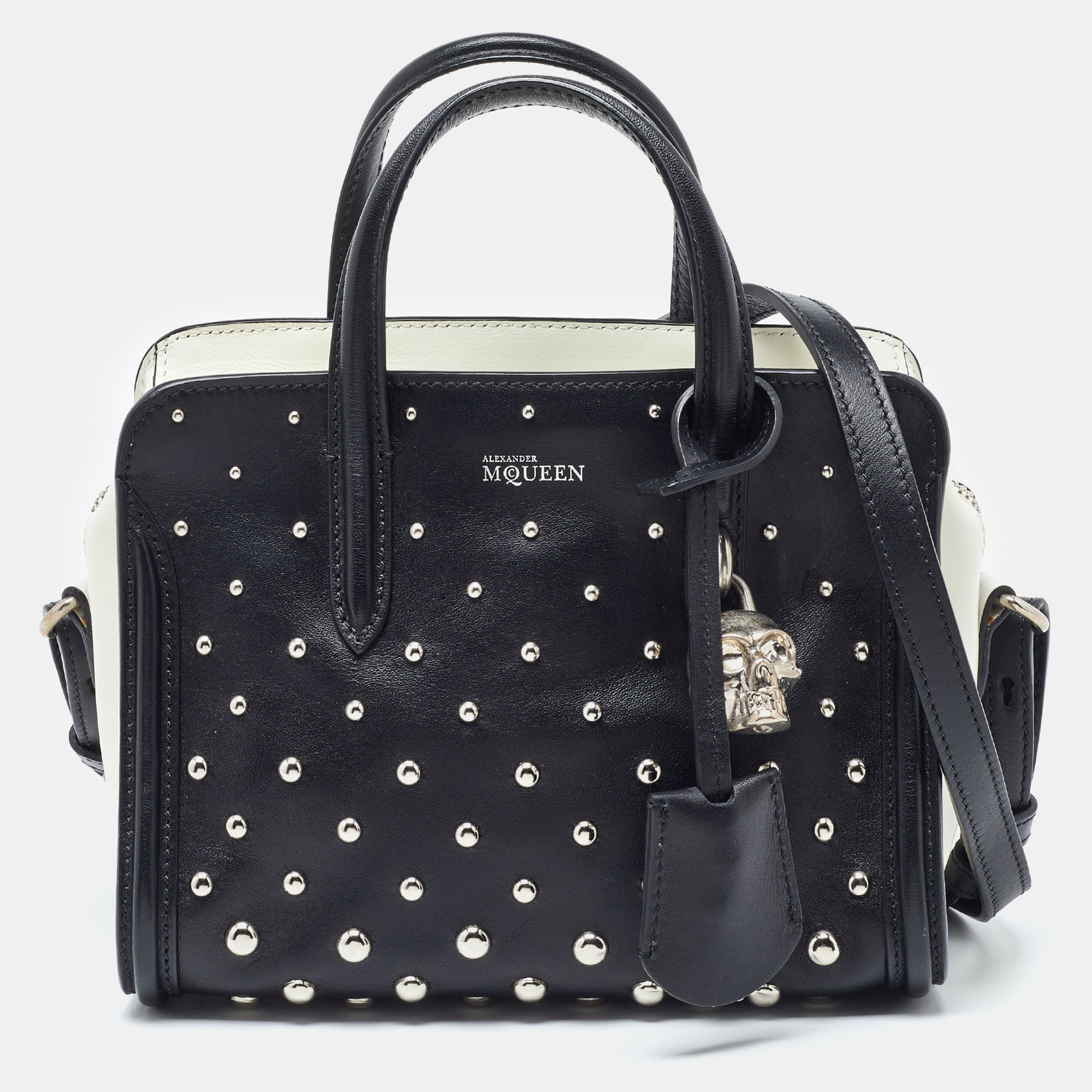 Alexander mcqueen black/white studded leather mini skull padlock zip tote