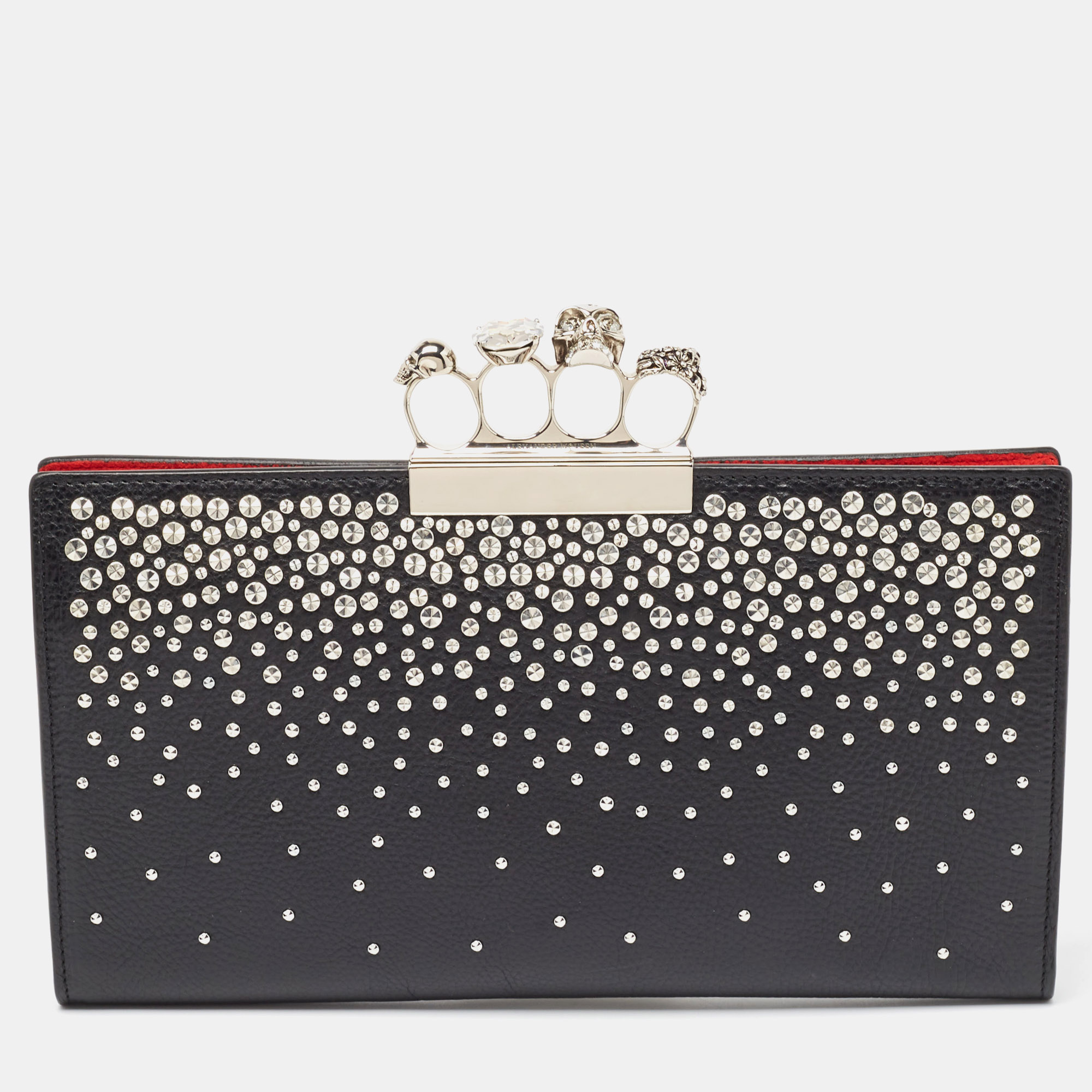 Alexander mcqueen black leather studded knuckle flap clutch