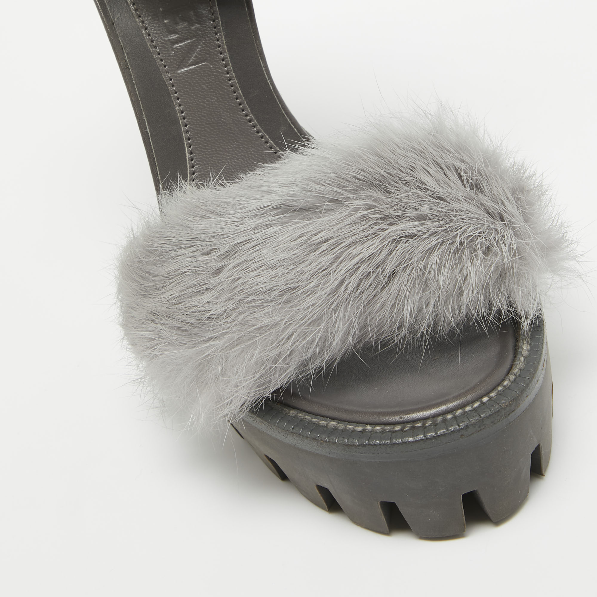 Alexander McQueen Dark Grey Leather And Fur Ankle Strap Sandals Size 37