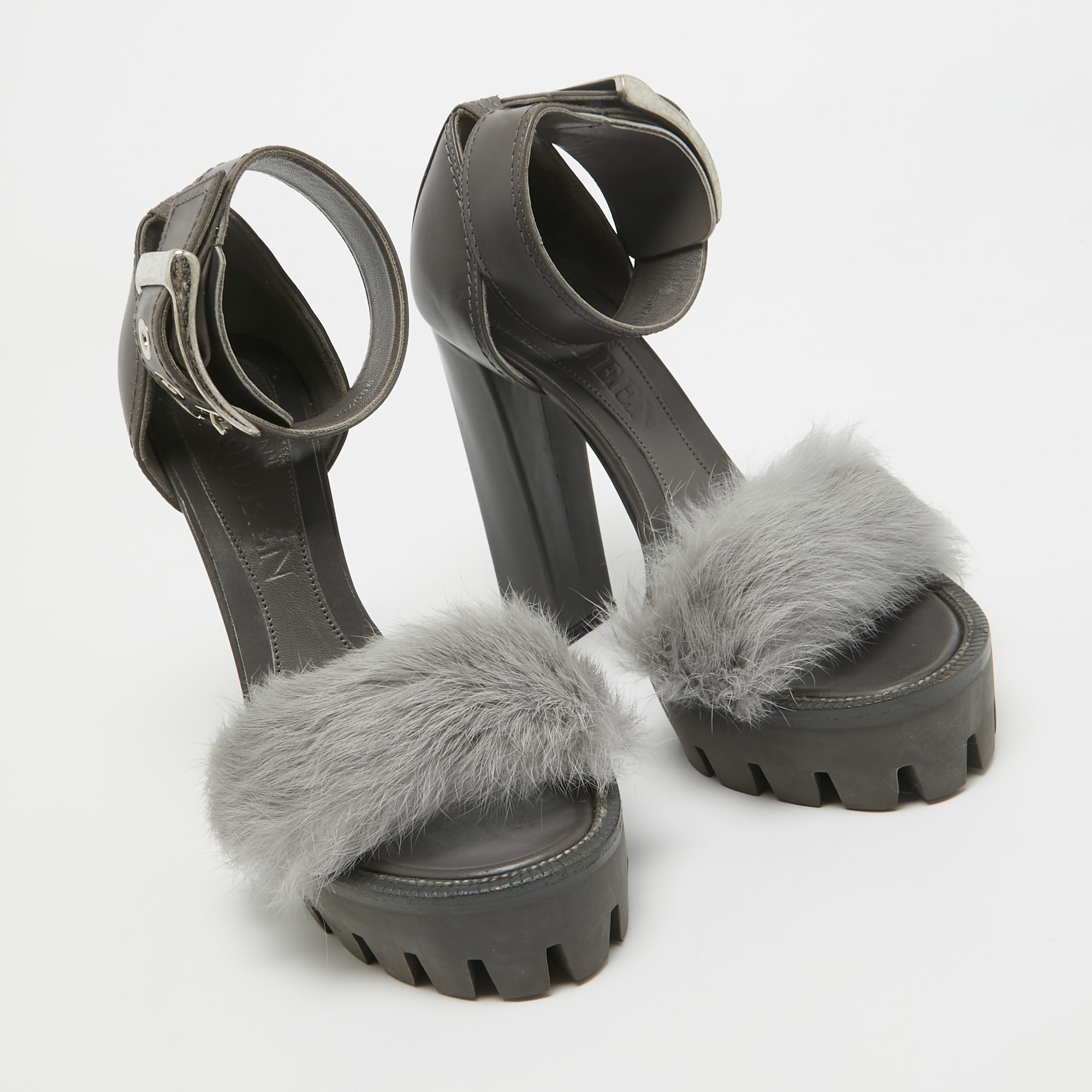 Alexander McQueen Dark Grey Leather And Fur Ankle Strap Sandals Size 37