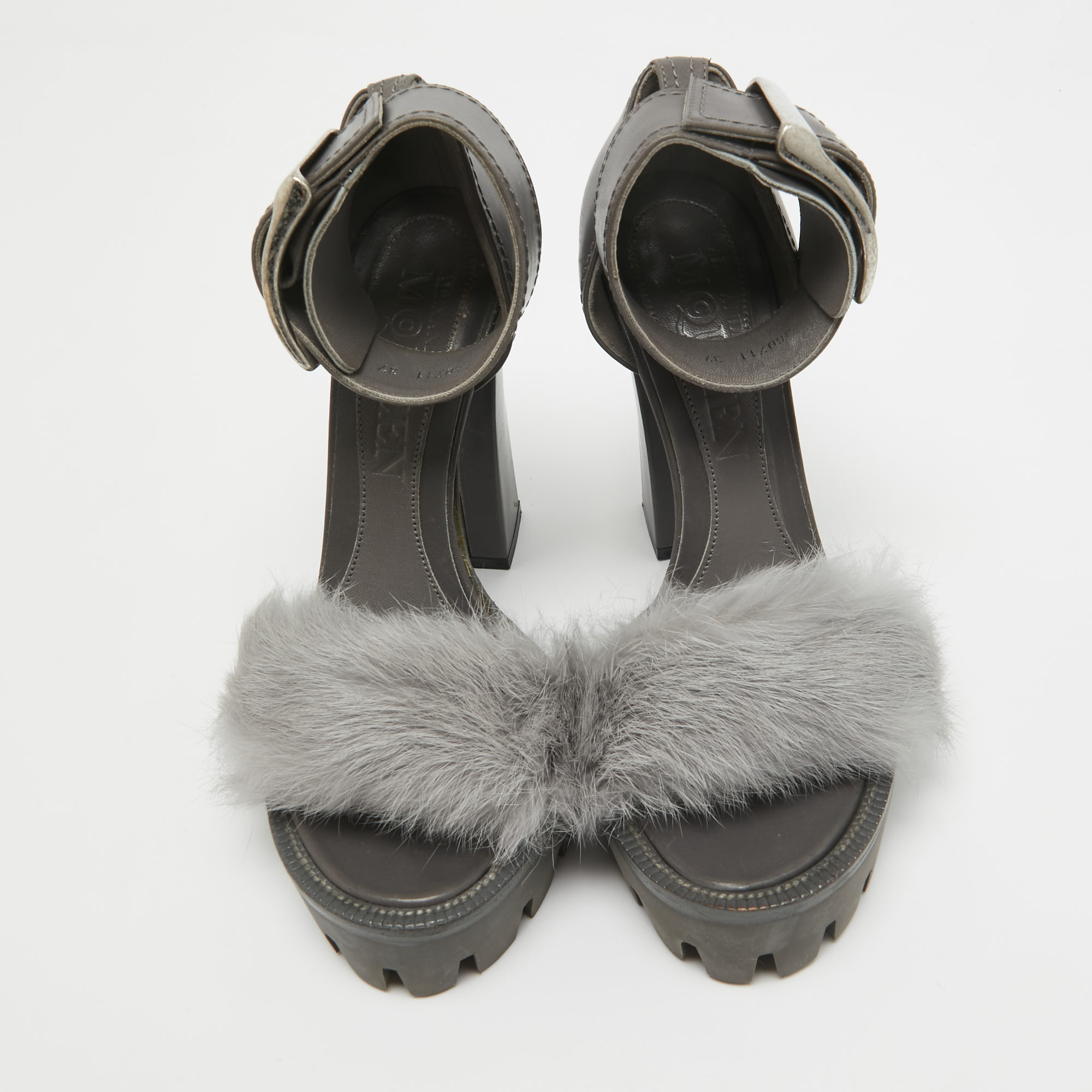 Alexander McQueen Dark Grey Leather And Fur Ankle Strap Sandals Size 37