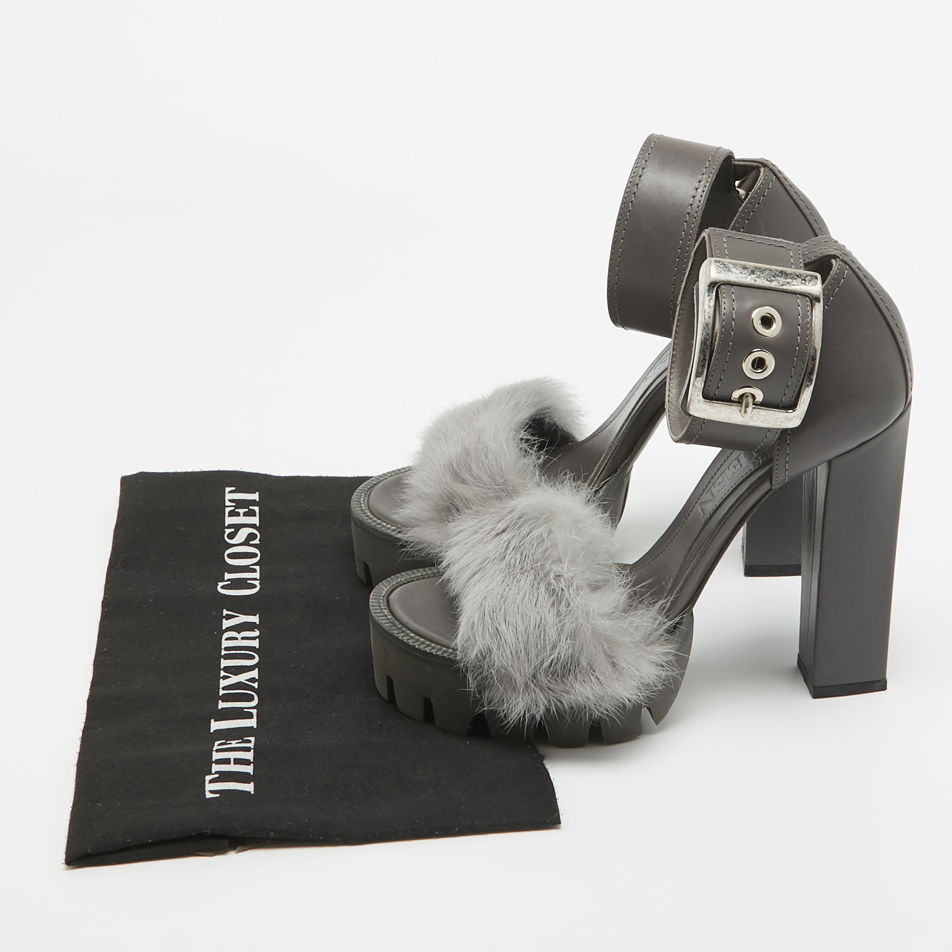 Alexander McQueen Dark Grey Leather And Fur Ankle Strap Sandals Size 37