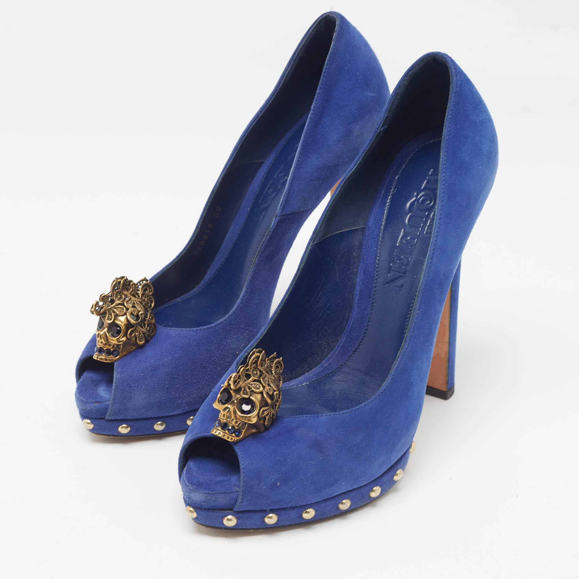 Alexander McQueen Blue Suede Skull Peep Toe Pumps Size 38