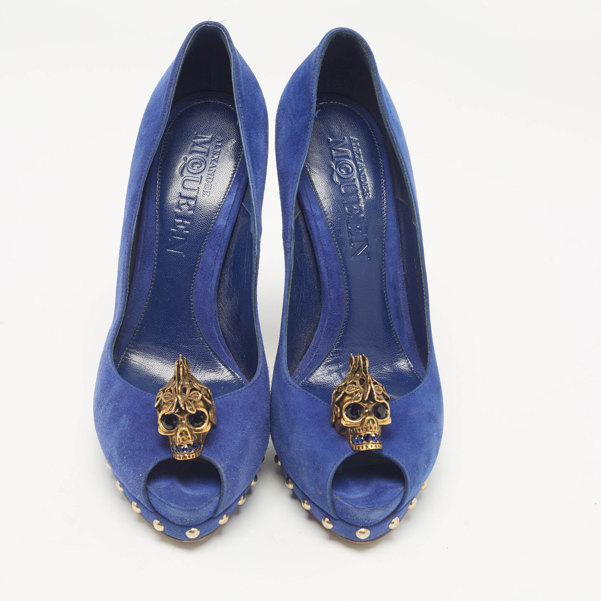 Alexander McQueen Blue Suede Skull Peep Toe Pumps Size 38