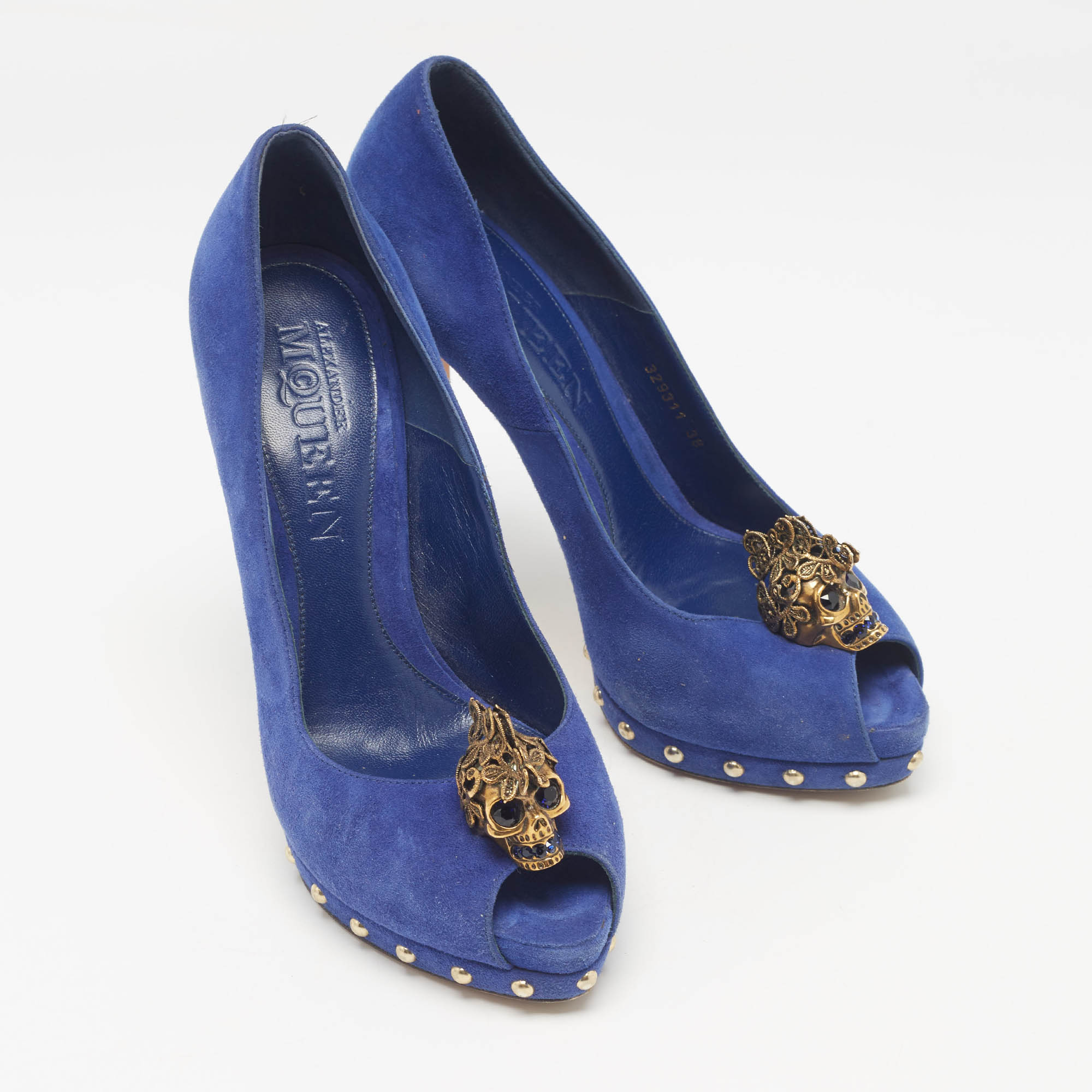 Alexander McQueen Blue Suede Skull Peep Toe Pumps Size 38