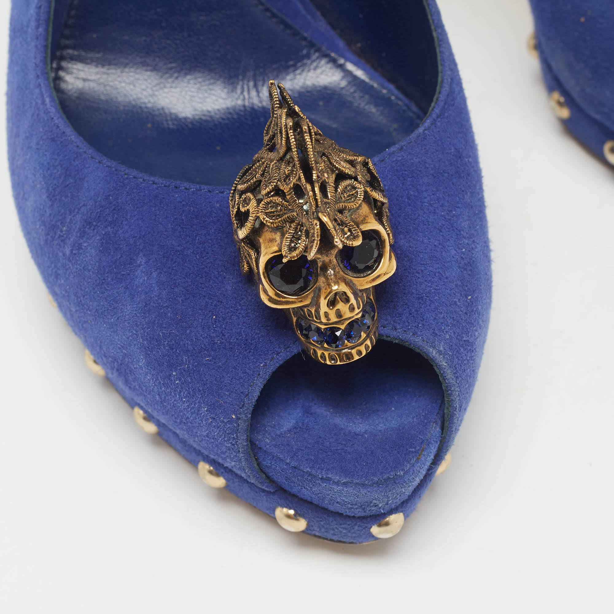 Alexander McQueen Blue Suede Skull Peep Toe Pumps Size 38