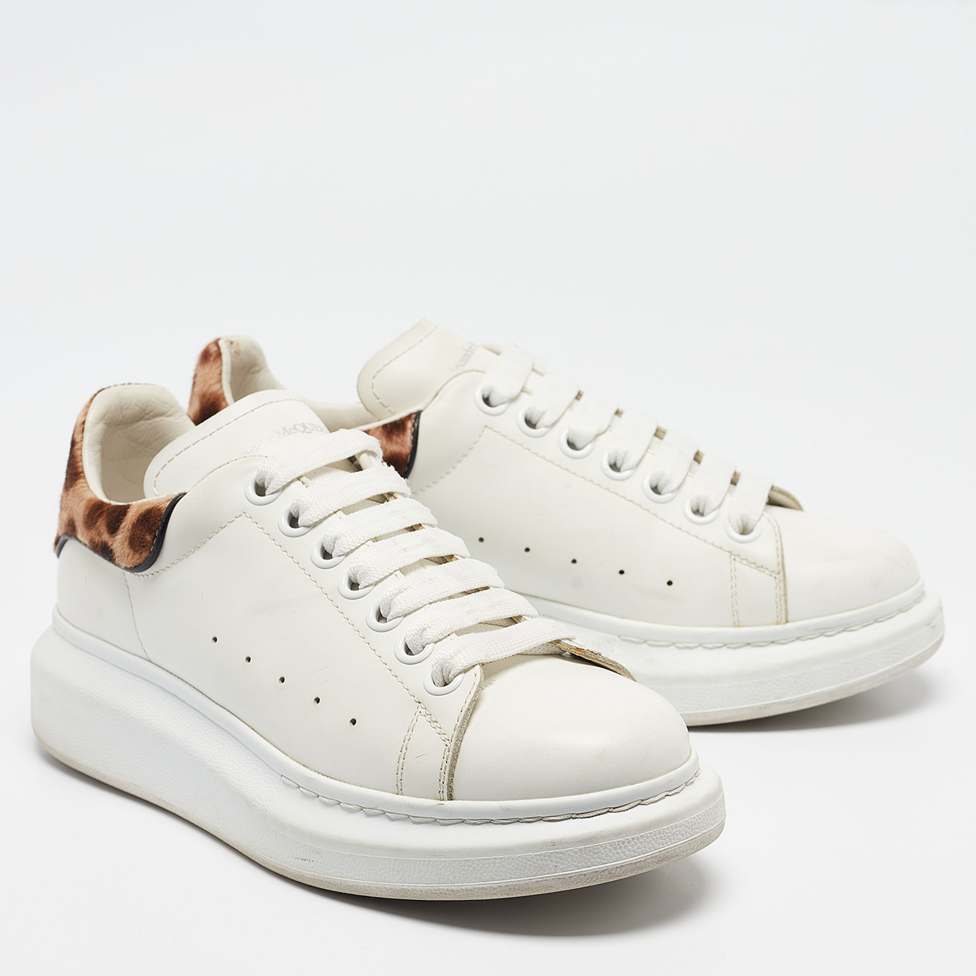 Alexander McQueen White/Brown Leather And Calf Hair Oversized Lace Up Sneakers Size 37