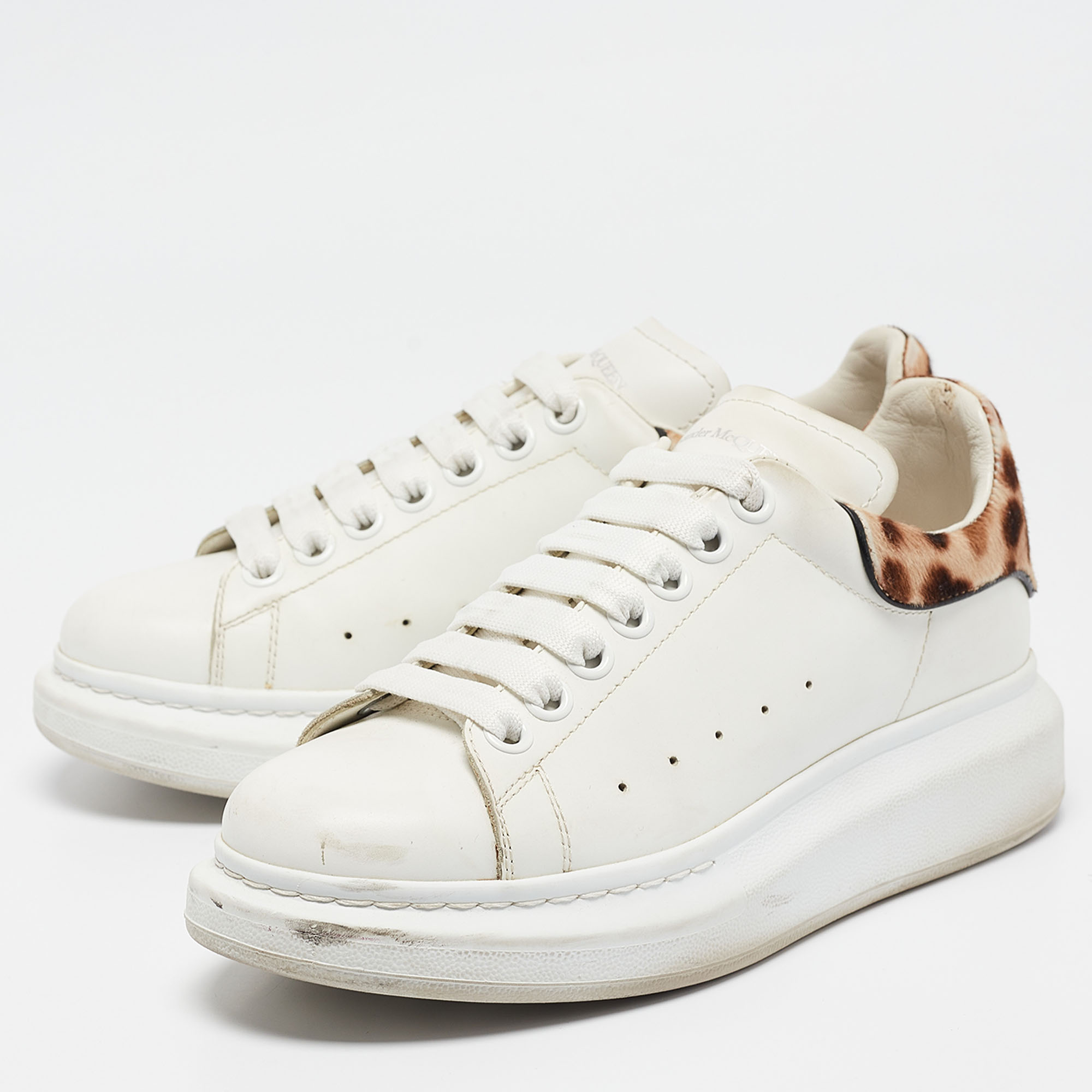 Alexander McQueen White/Brown Leather And Calf Hair Oversized Lace Up Sneakers Size 37