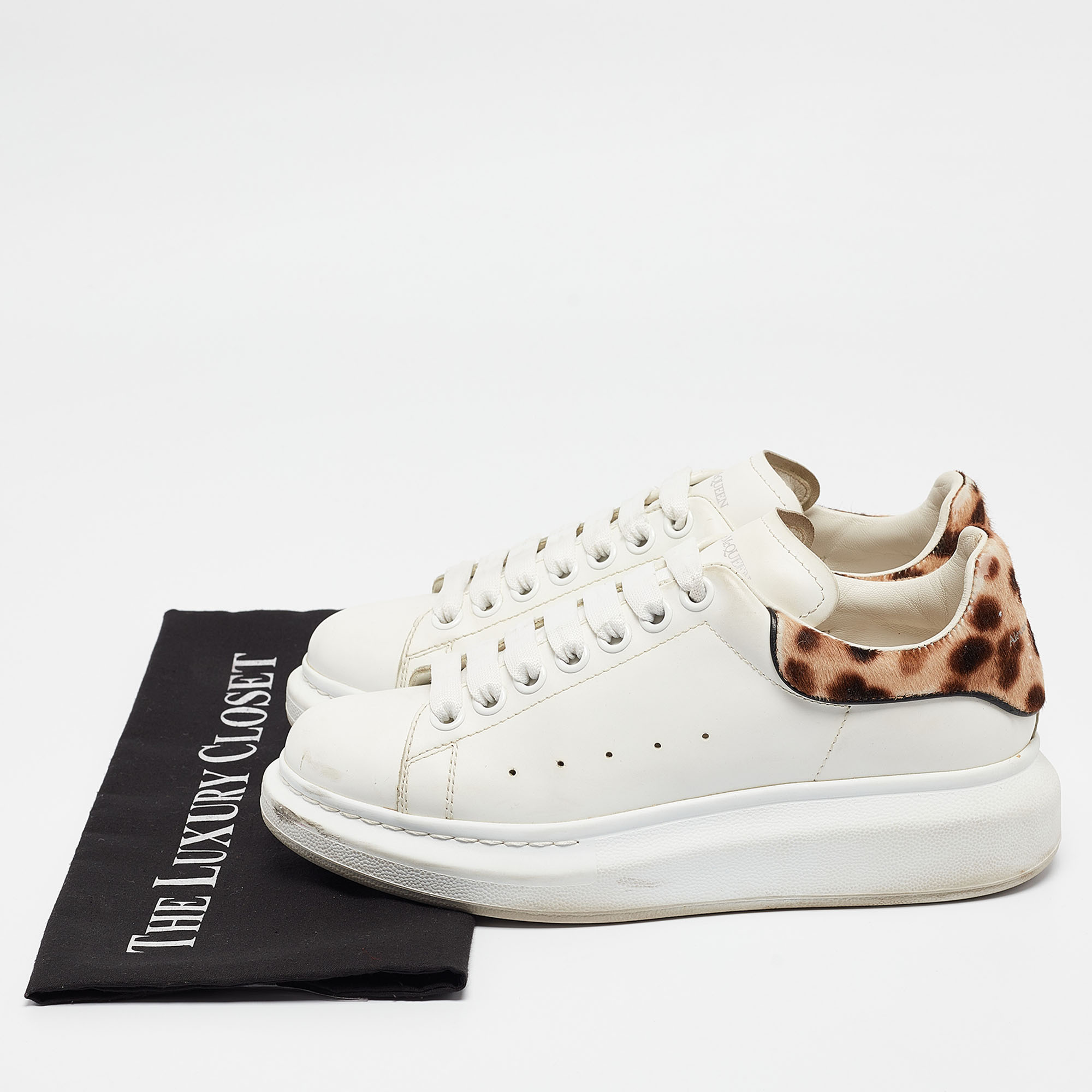 Alexander McQueen White/Brown Leather And Calf Hair Oversized Lace Up Sneakers Size 37