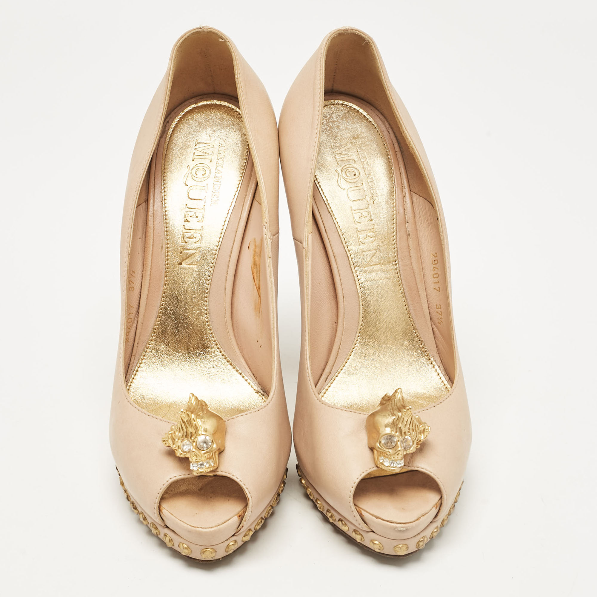 Alexander McQueen Beige Leather Skull Detail Studded Platform Peep Toe Pumps Size 37.5