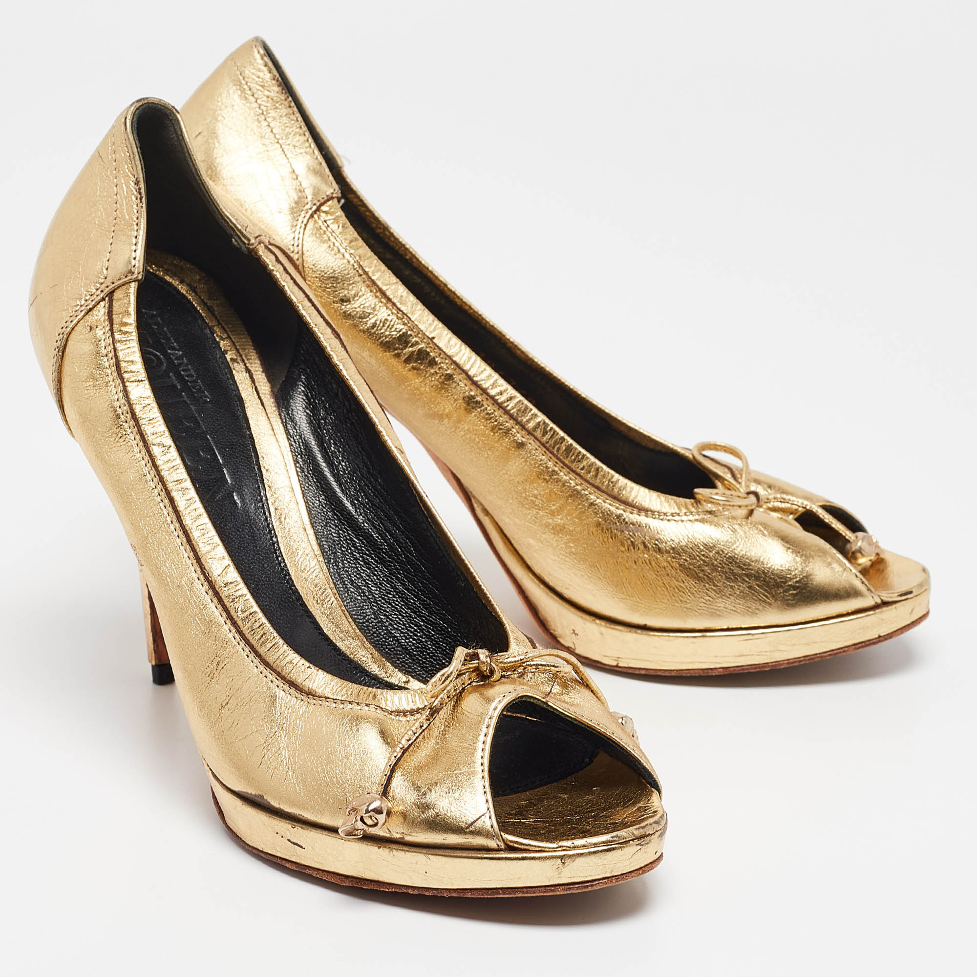 Alexander McQueen Gold Leather Peep Toe Platform Pumps Size 38