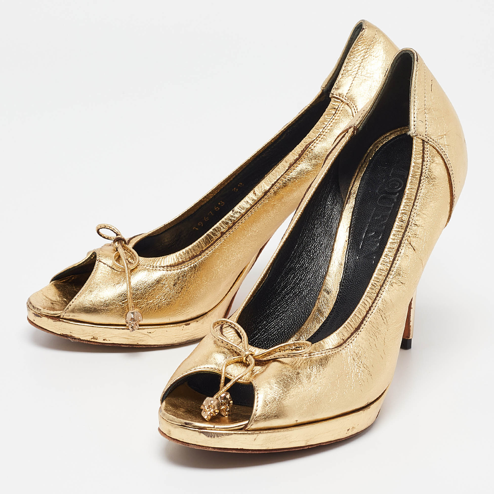 Alexander McQueen Gold Leather Peep Toe Platform Pumps Size 38