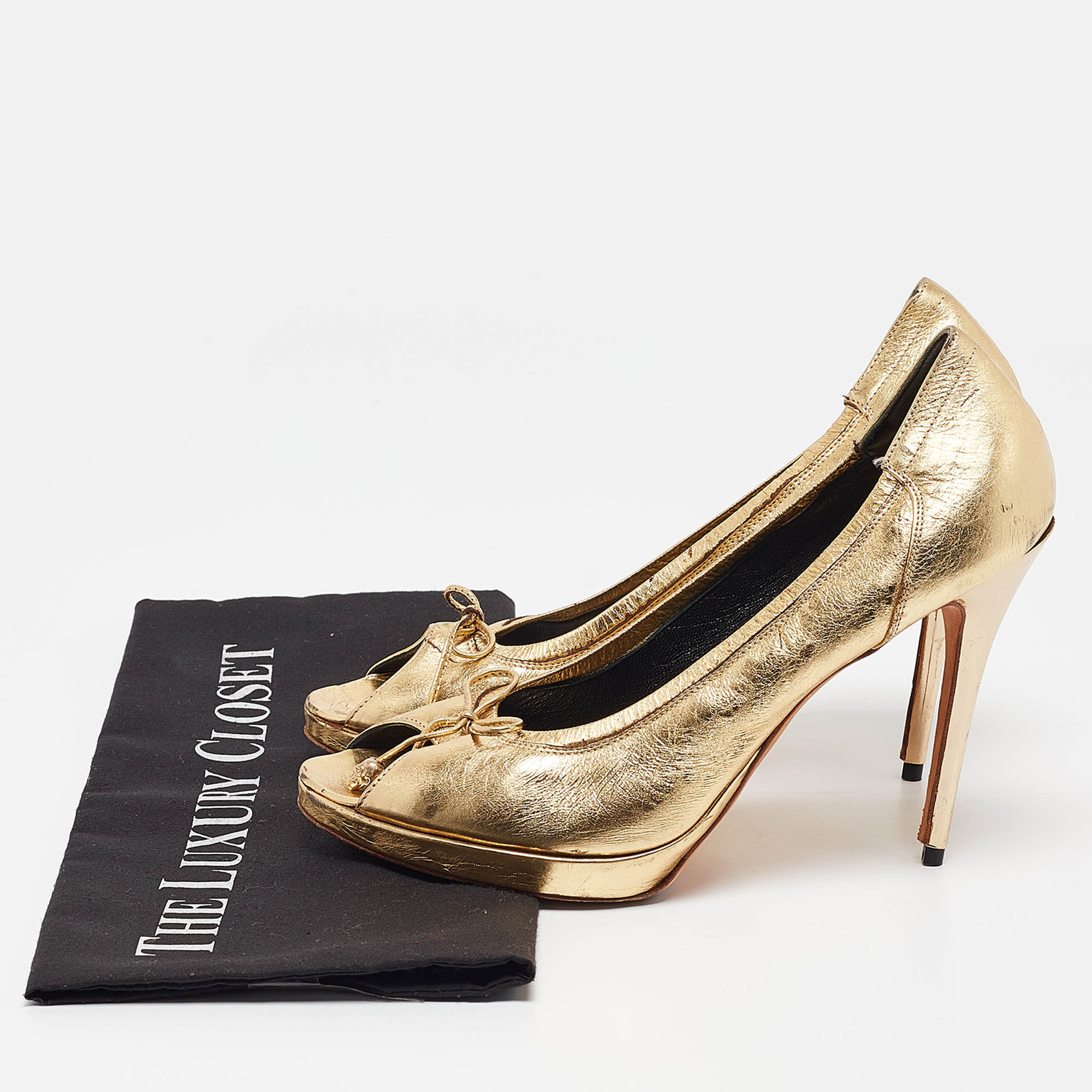 Alexander McQueen Gold Leather Peep Toe Platform Pumps Size 38