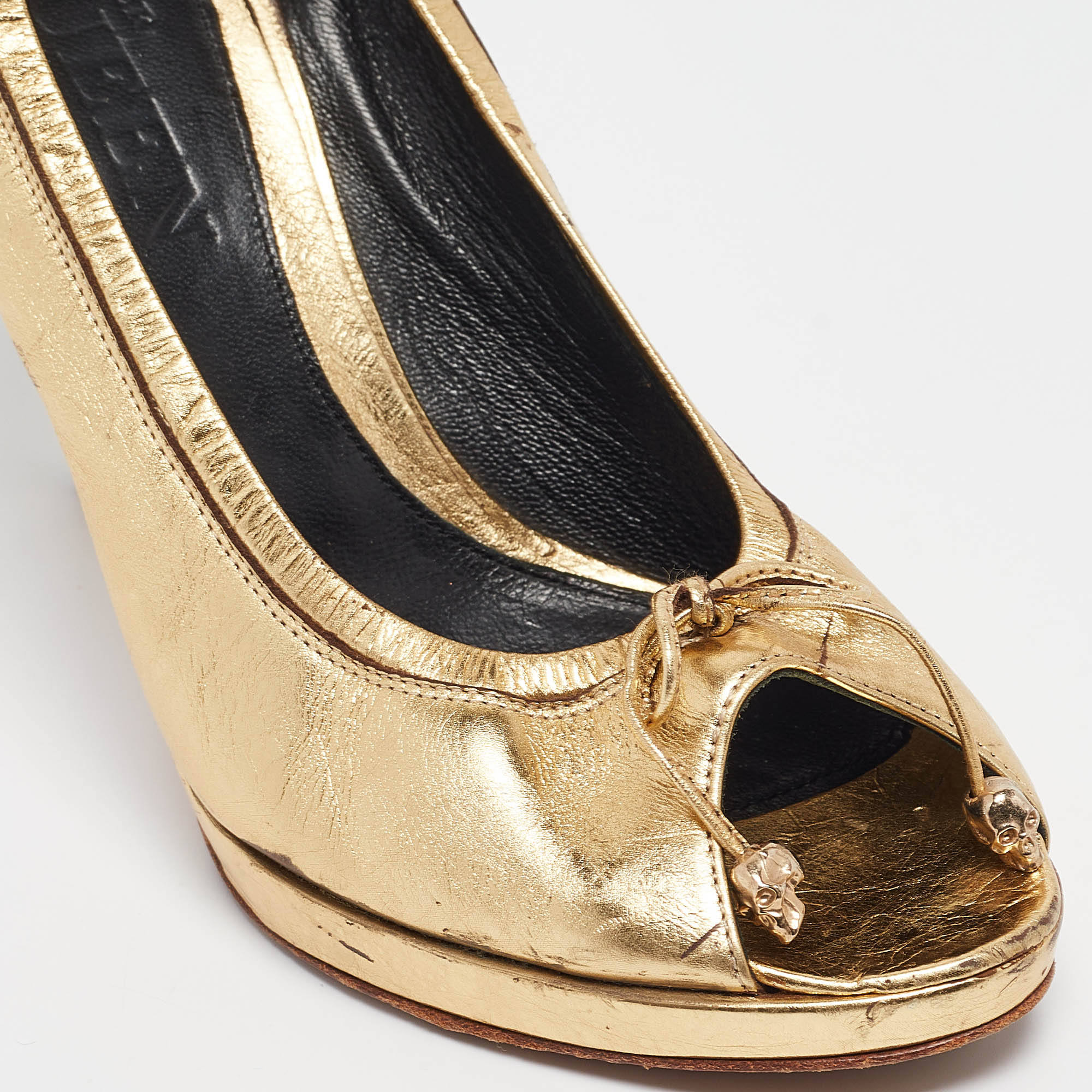 Alexander McQueen Gold Leather Peep Toe Platform Pumps Size 38