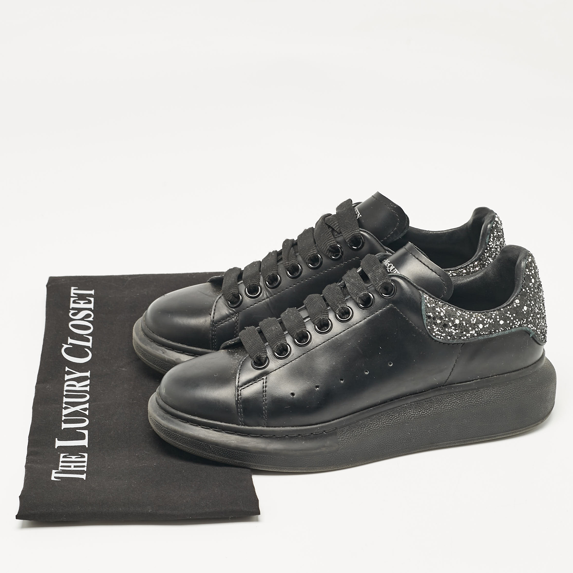 Alexander McQueen Black Leather And Glitter Oversized Sneakers Size 38