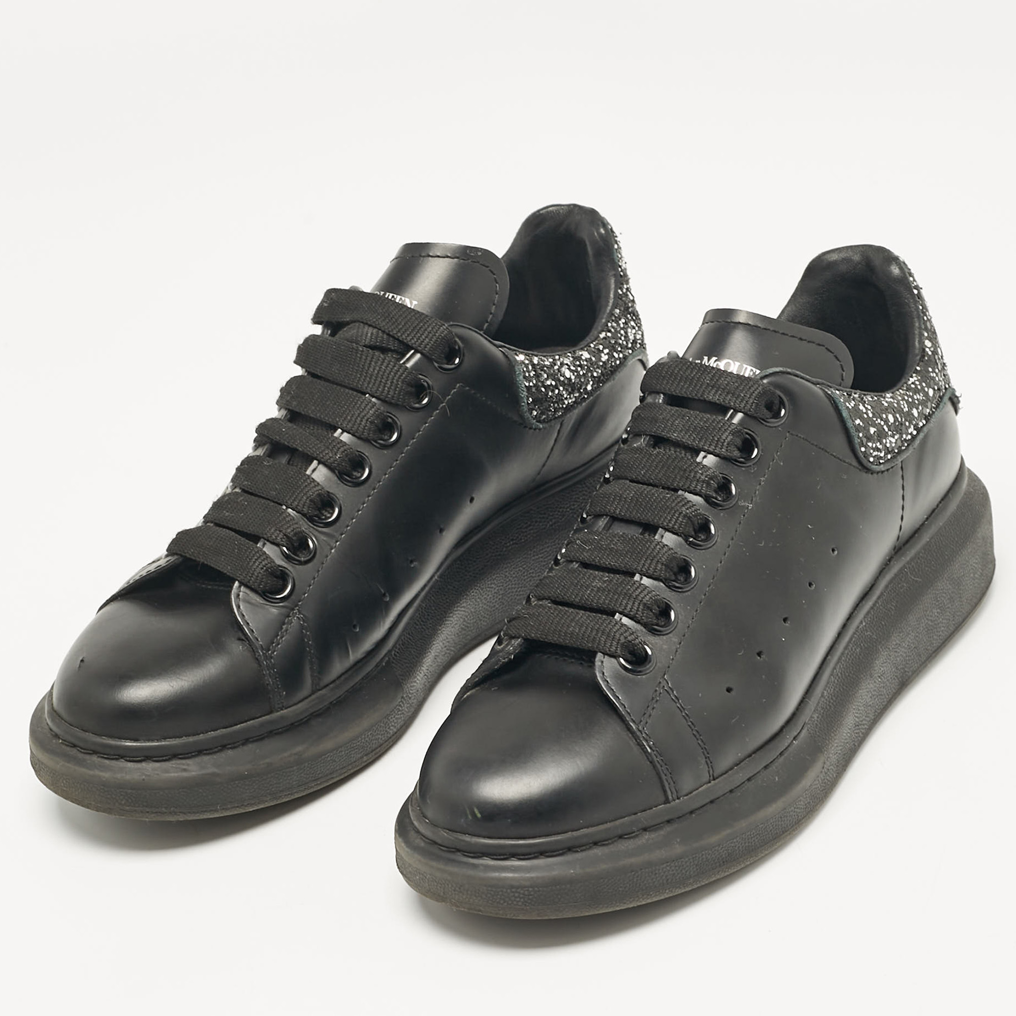 Alexander McQueen Black Leather And Glitter Oversized Sneakers Size 38