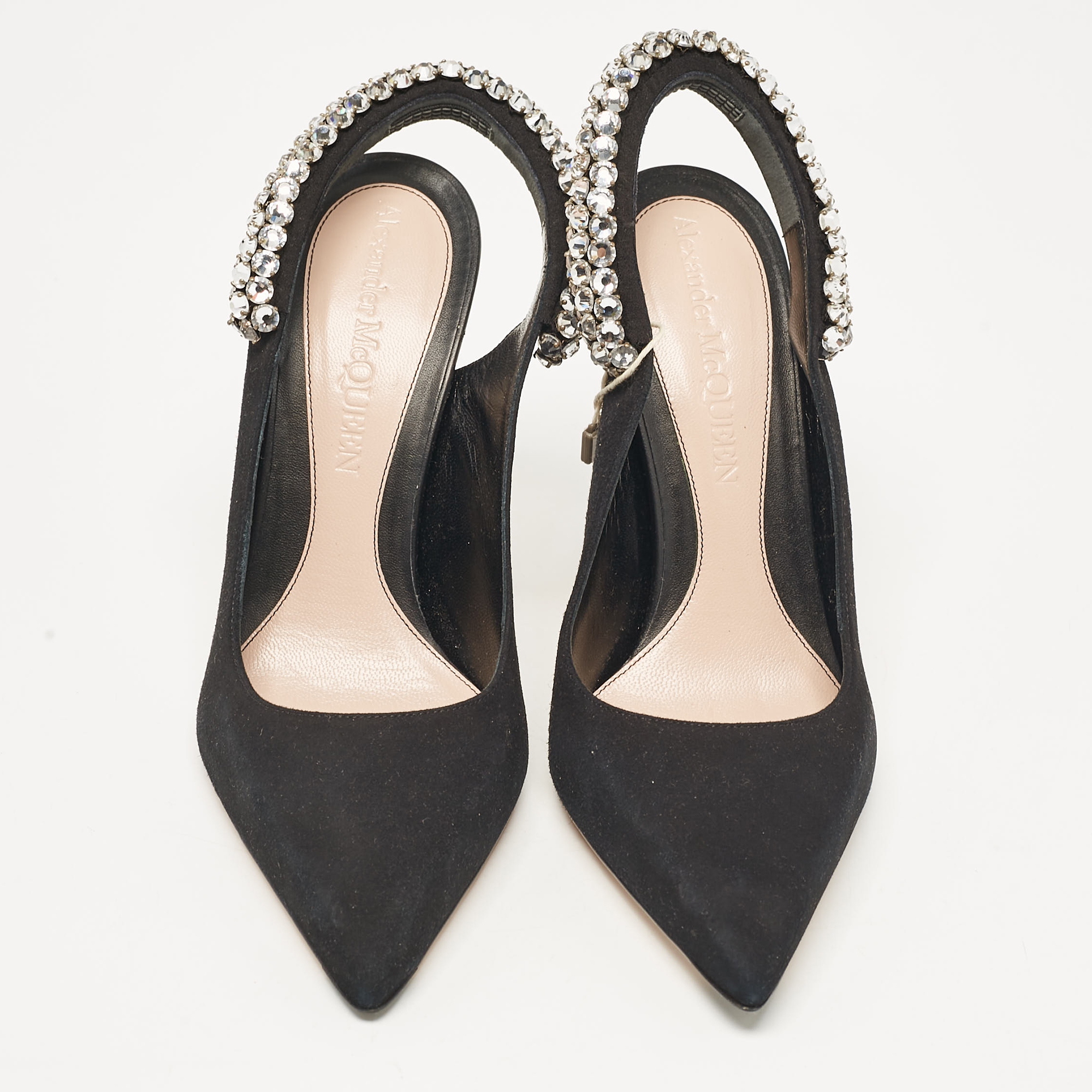 Alexander McQueen Black Suede Crystal Embellished Slingback Pumps Size 39