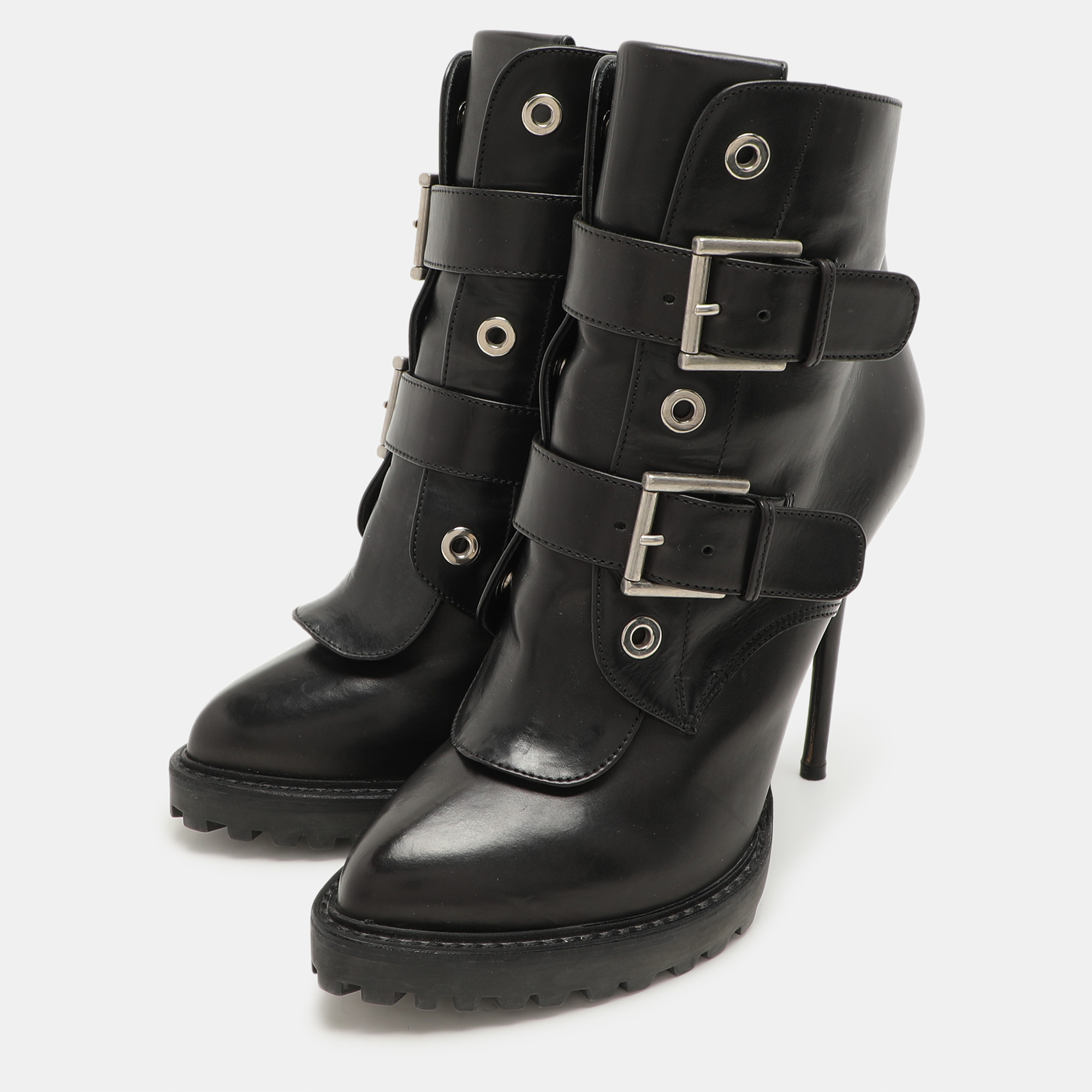 Alexander McQueen Black Leather Buckle Detail Ankle Length Boots Size 38