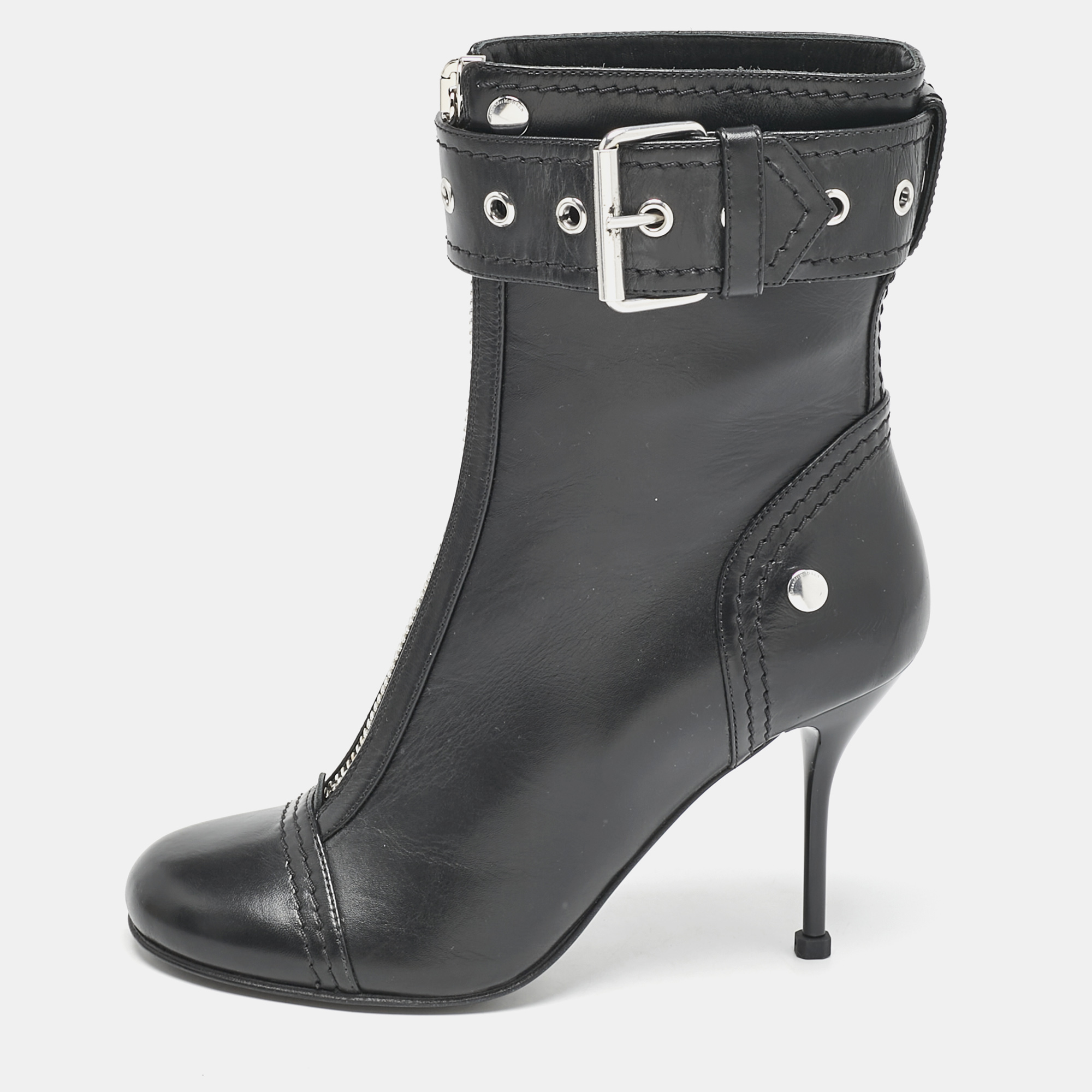 Alexander McQueen Black Buckled Leather Ankle Boots Size 38