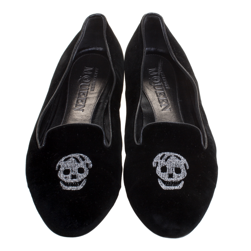 Alexander McQueen Black Velvet Skull Embroidered Smoking Slippers Size 38.5