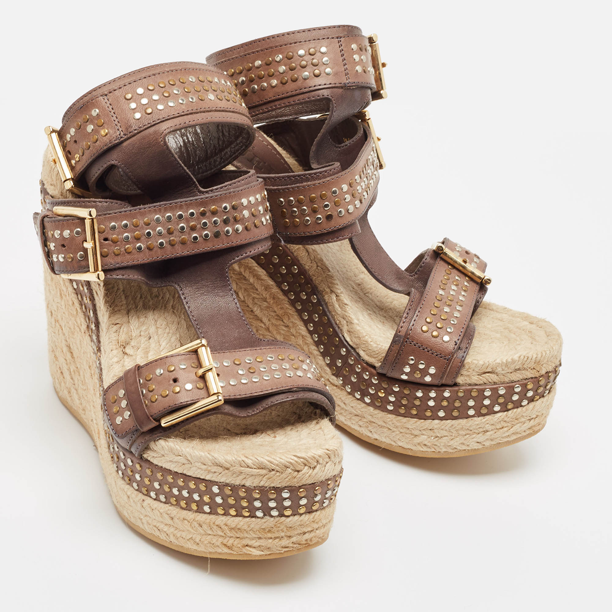 Alexander McQueen Brown/Beige Jute And Leather Wedge Ankle Strap Sandals Size 37