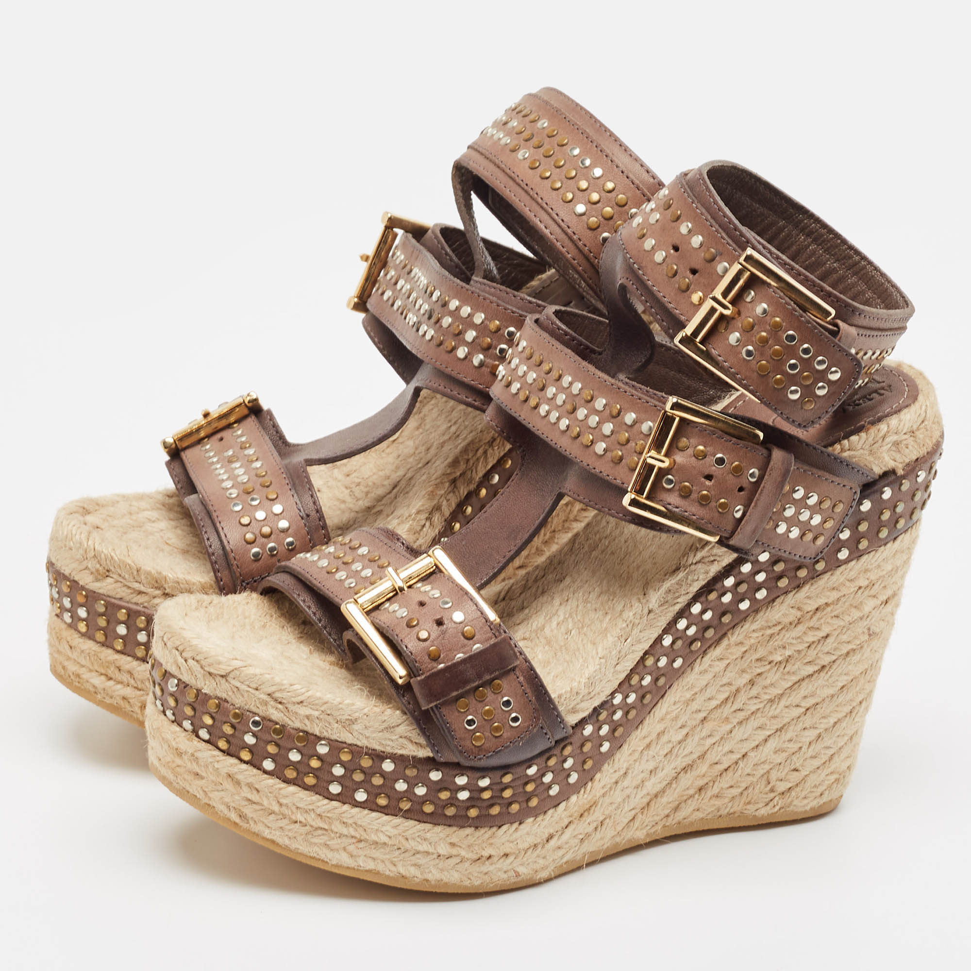 Alexander McQueen Brown/Beige Jute And Leather Wedge Ankle Strap Sandals Size 37