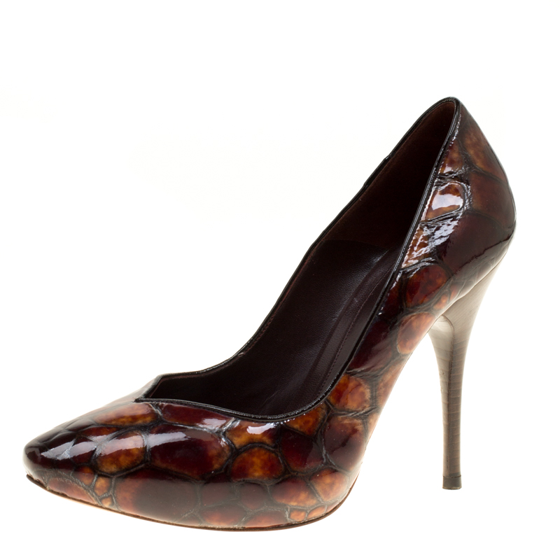 Alexander McQueen Two Tone Brown Tortoise Shell Embossed Patent Leather Pumps Size 37