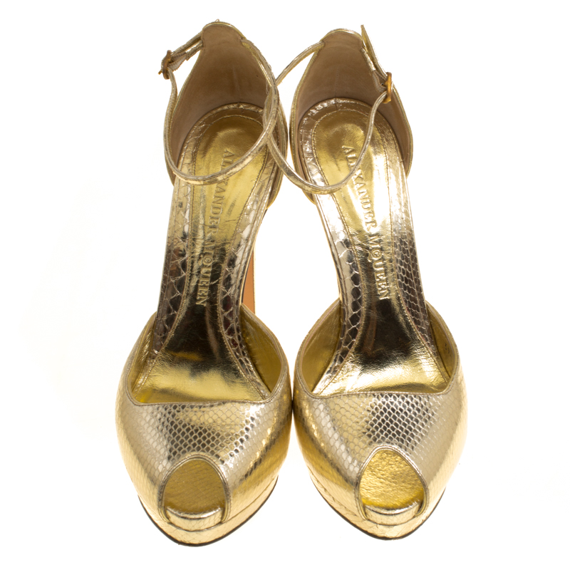 Alexander McQueen Metallic Embossed Python Leather Peep Toe Ankle Strap Platform Sandals Size 40
