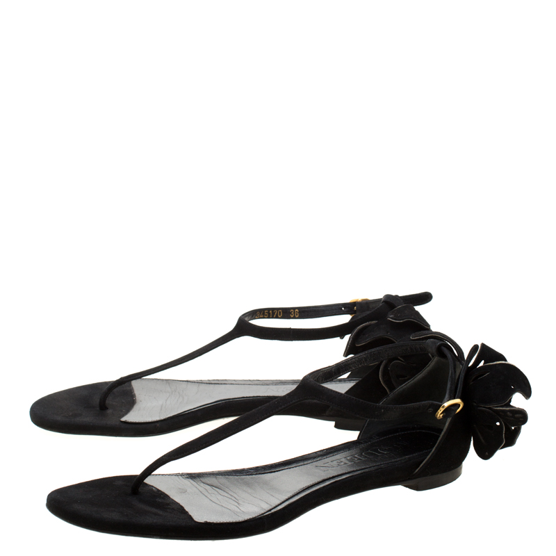 Alexander McQueen Black Leather Butterfly Detail Flat Sandals Size 36