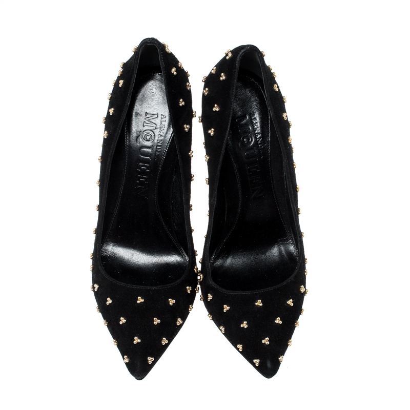 Alexander McQueen Black Suede Studded Pointed Toe Pumps Size 37