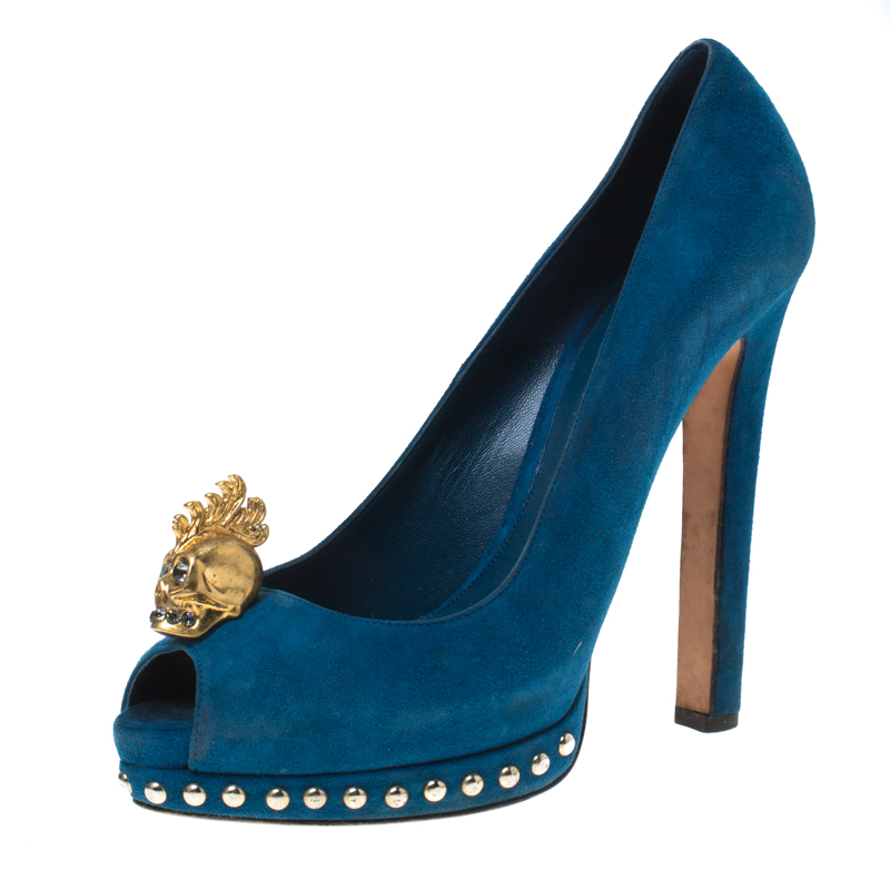 Alexander McQueen Blue Suede Crystal Embellished Skull Peep Toe Platform Pumps Size 39.5