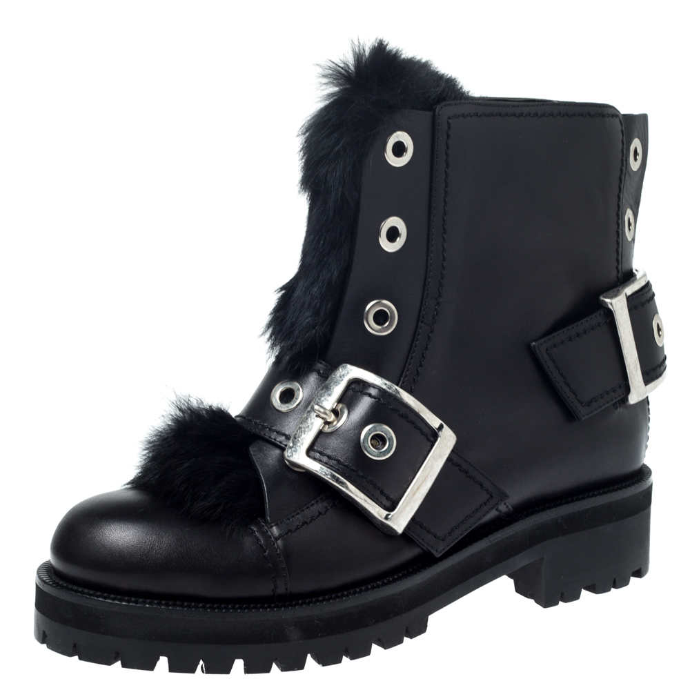 Image of Alexander McQueen Black Leather And Rabbit Fur Eyelet Detail Buckle Ankle Boots Size