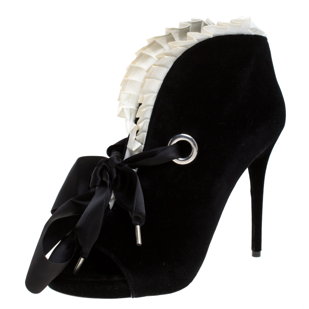 Image of Alexander McQueen Black Velvet Frill Detail Open Toe Ankle Boots Size