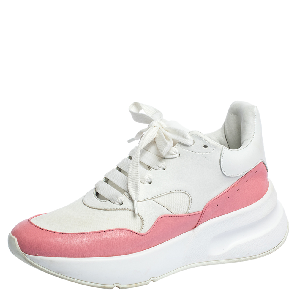 Image of Alexander McQueen White/Pink Leather And Mesh Oversized Runner Sneakers Size