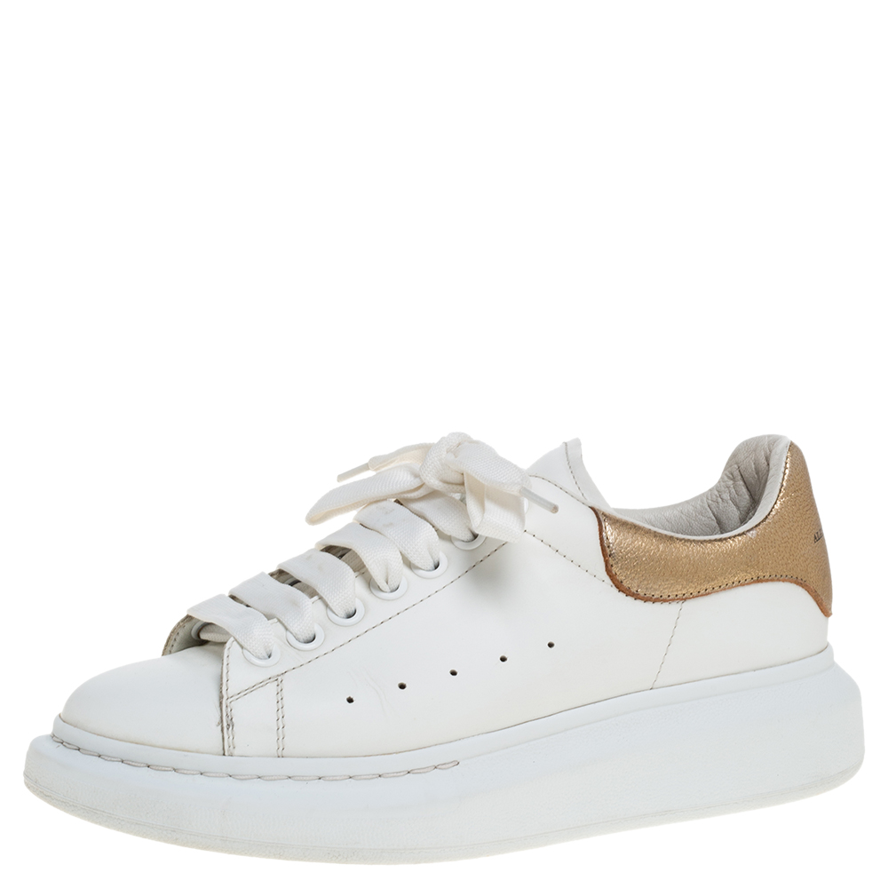 Image of Alexander McQueen White/Gold Leather Platform Sneakers Size .