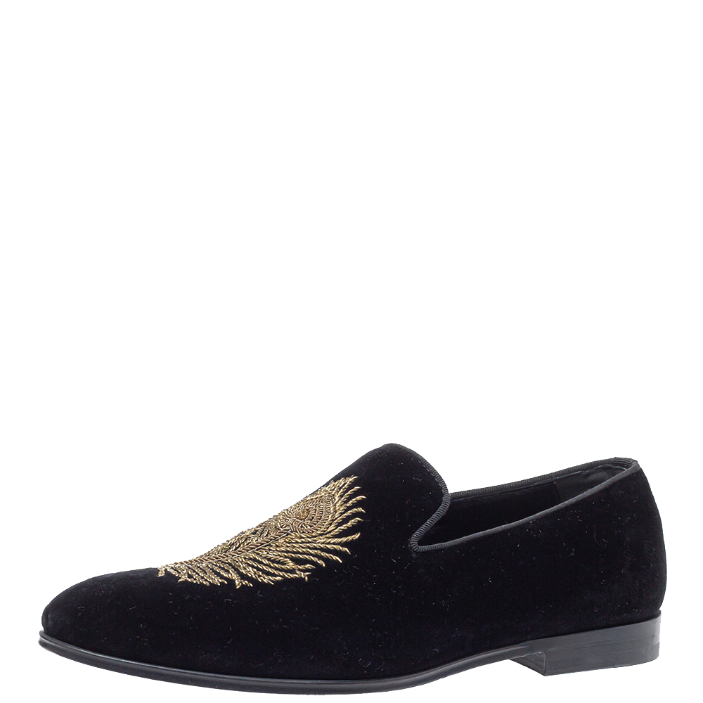 Image of Alexander McQueen Black Velvet Feather Embroidered Smoking Slippers Size