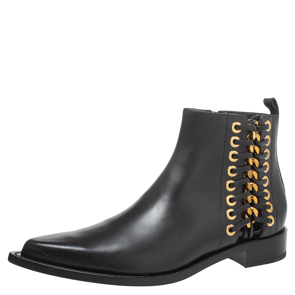 Image of Alexander McQueen Black Leather Rivet Biker Eyelet Detail Ankle Boots Size