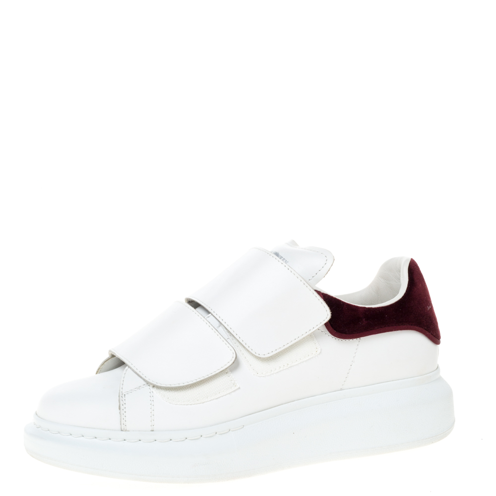 Image of Alexander McQueen White Leather And Burgundy Velvet Oversized Velcro Strap Sneakers Size