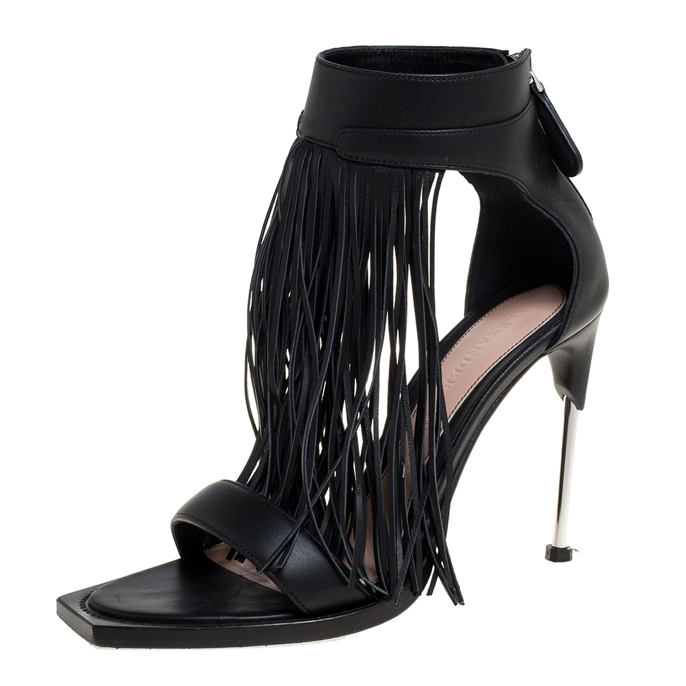 Image of Alexander McQueen Black Leather Fringe Detail Sandals Size .