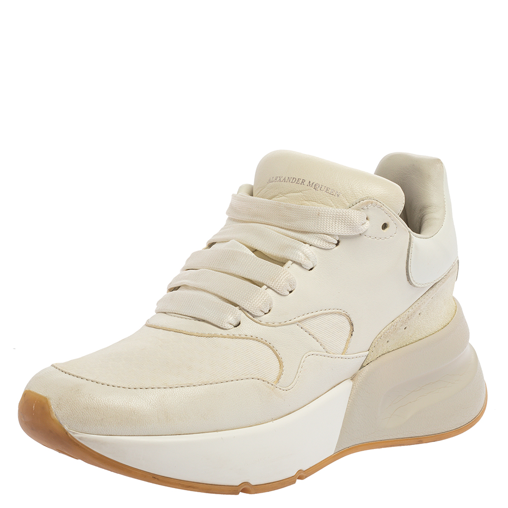 Image of Alexander McQueen White Leather and Fabric Oversized Runner Low Top Sneakers Size