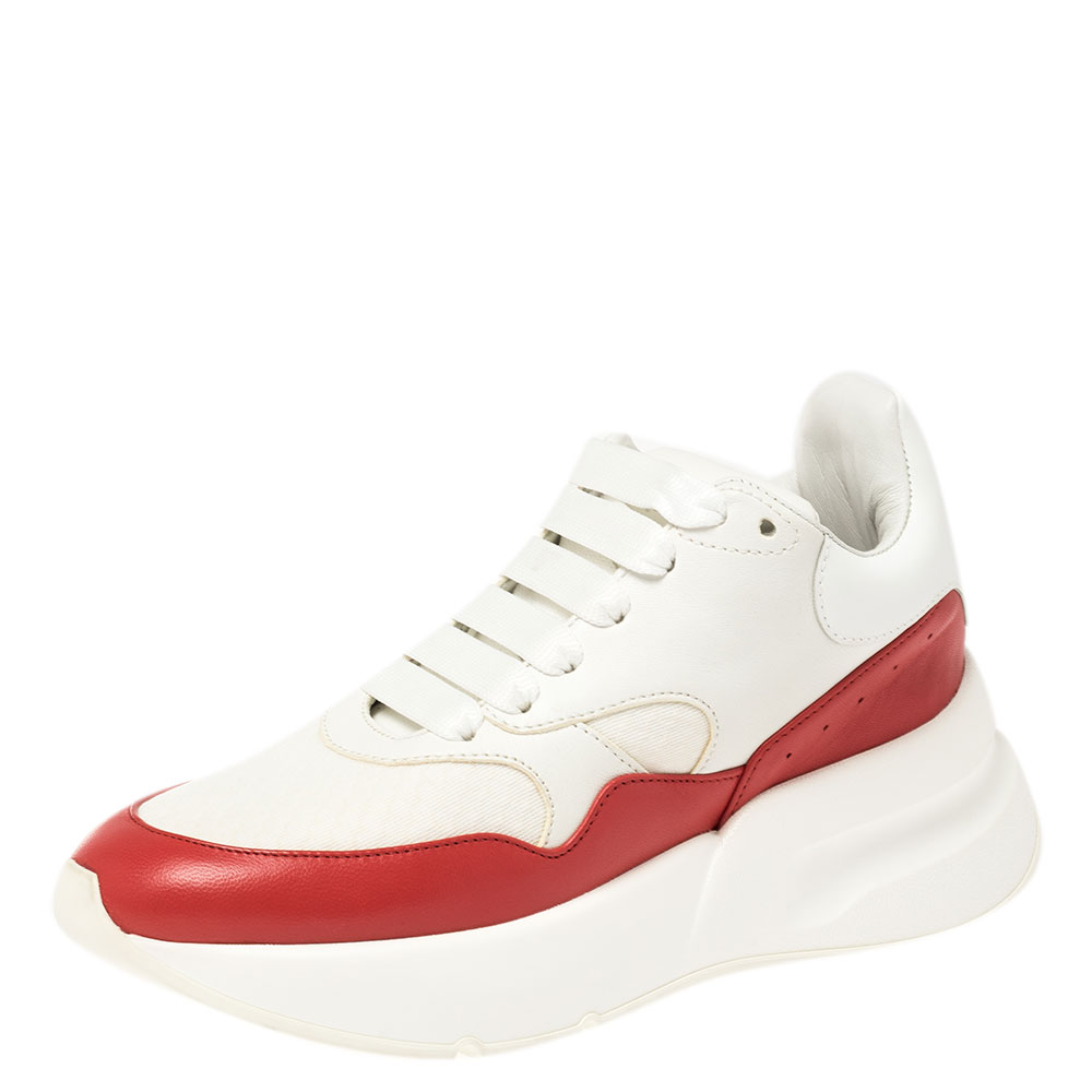 Image of Alexander McQueen White/Red Leather and Fabric Oversized Runner Low Top Sneakers Size