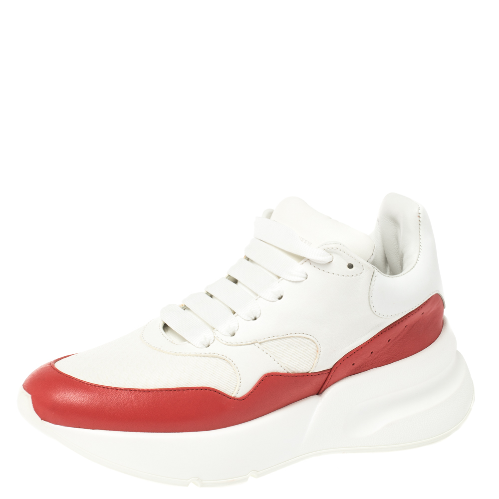 Image of Alexander McQueen White/Red Leather And Mesh Oversized Runner Low Top Sneakers Size
