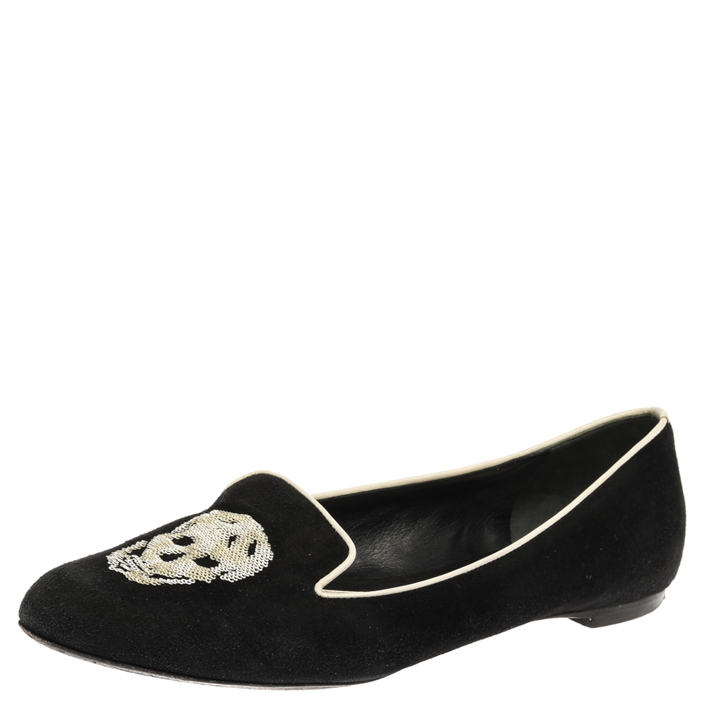 Image of Alexander McQueen Black Suede Leather Sequins Skull Embellished Smoking Slippers Size .