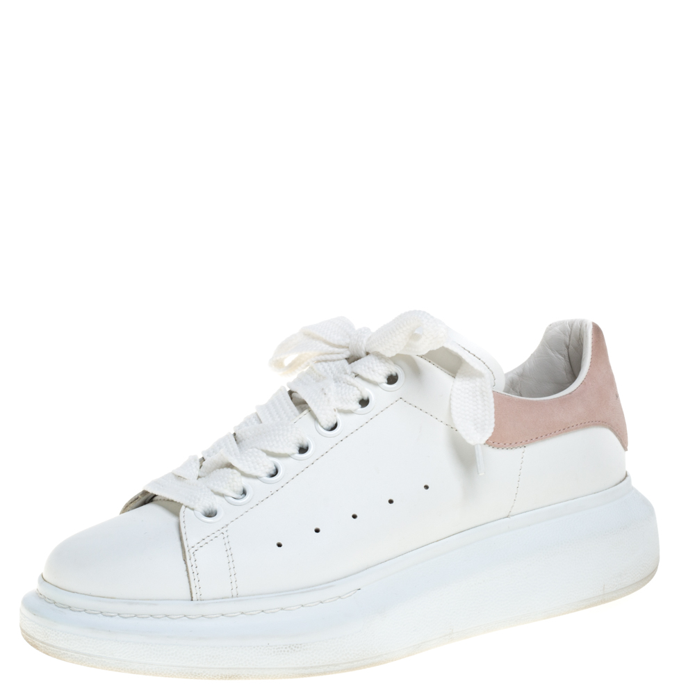 Image of Alexander McQueen White/Pink Leather and Suede Larry Low Top Sneakers Size .